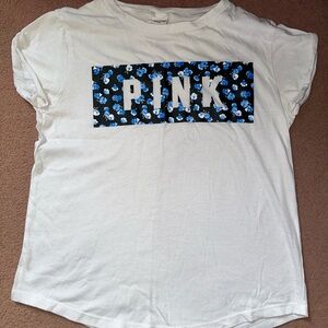 PINK Victoria's Secret White Tee with Blue Floral Graphic
